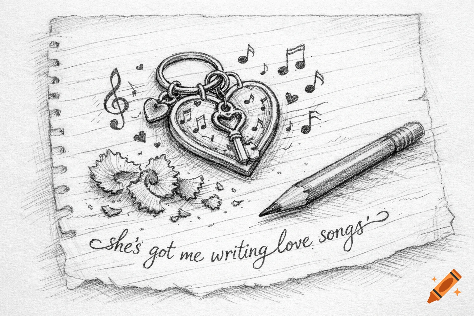 Pencil sketch of a heart-shaped keychain with a key and music notes, pencil, shavings, and the lyric 'she's got me writing love songs' on lined paper.