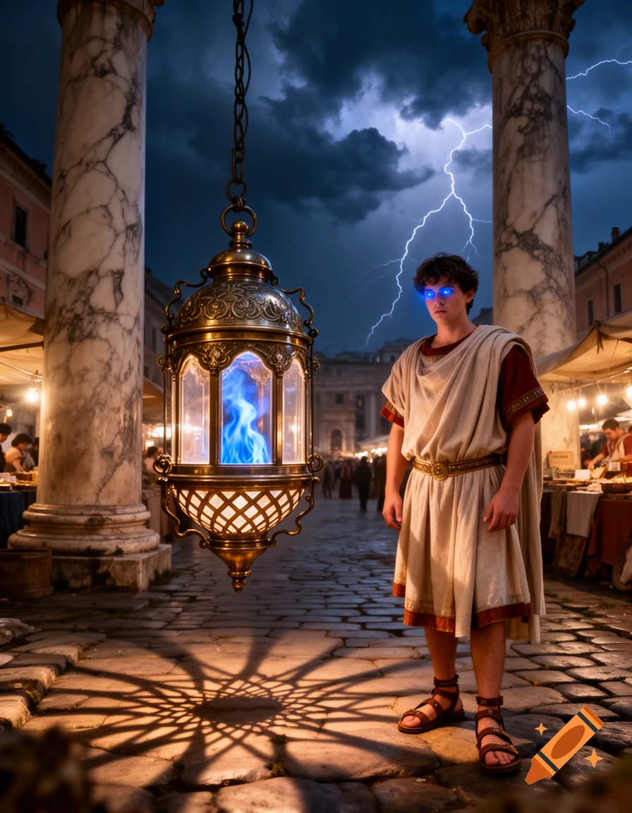 A young man in a Roman toga with glowing blue eyes stands by an ornate flying lantern with blue flames in a Roman market under a stormy, lightning-filled sky.