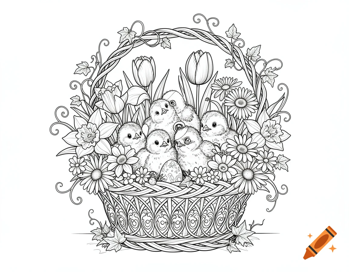 Black and white line art coloring page of an Easter basket filled with cute chicks, decorated eggs, tulips, daffodils, and daisies.