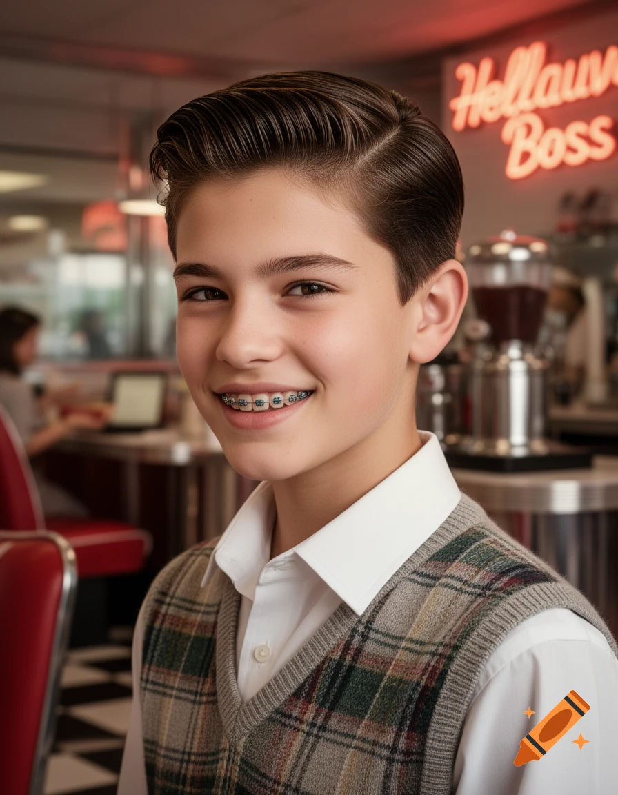 A smiling boy with braces and a 1950s hairstyle wears a plaid vest in a retro diner with a neon sign.