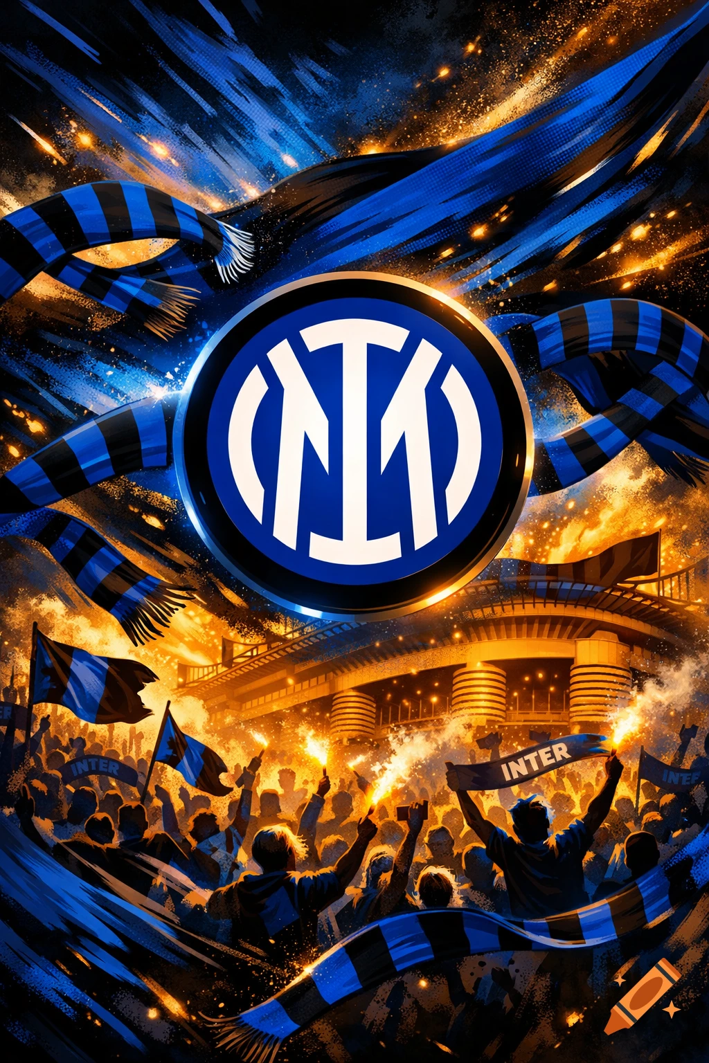 A vibrant illustration of Inter Milan fans cheering at a stadium, with the team's logo and scarves prominently displayed.