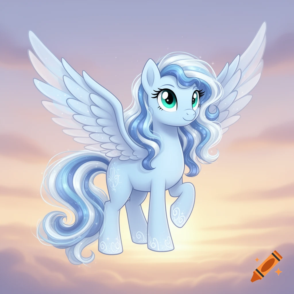 A light blue Pegasus pony with blue and white wavy hair and teal eyes, floating against a pastel sky.
