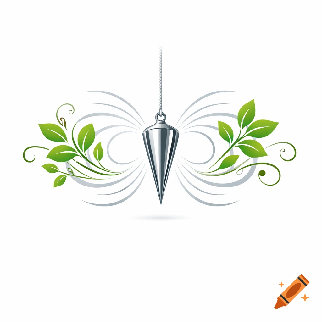 A stylized logo featuring a silver pendulum surrounded by vibrant green leaves and elegant gray swirling lines on a white background.
