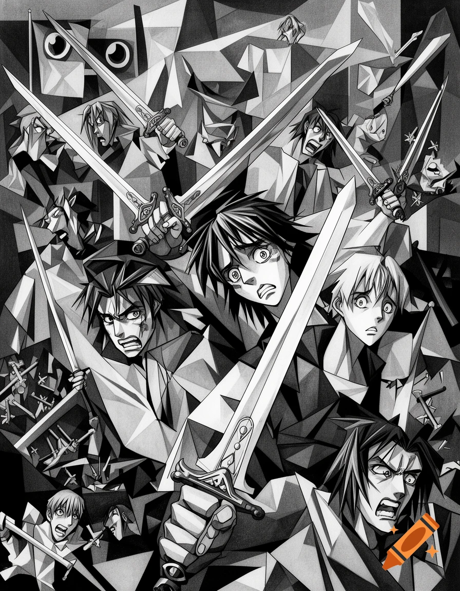 Chaotic black and white cubist painting of anime warriors with swords and dramatic faces, in the style of Guernica.