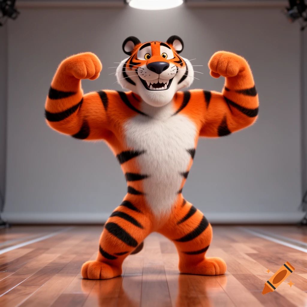 Tony the Tiger, a cartoon mascot, flexing muscles in a 3D realistic style on a wooden floor.