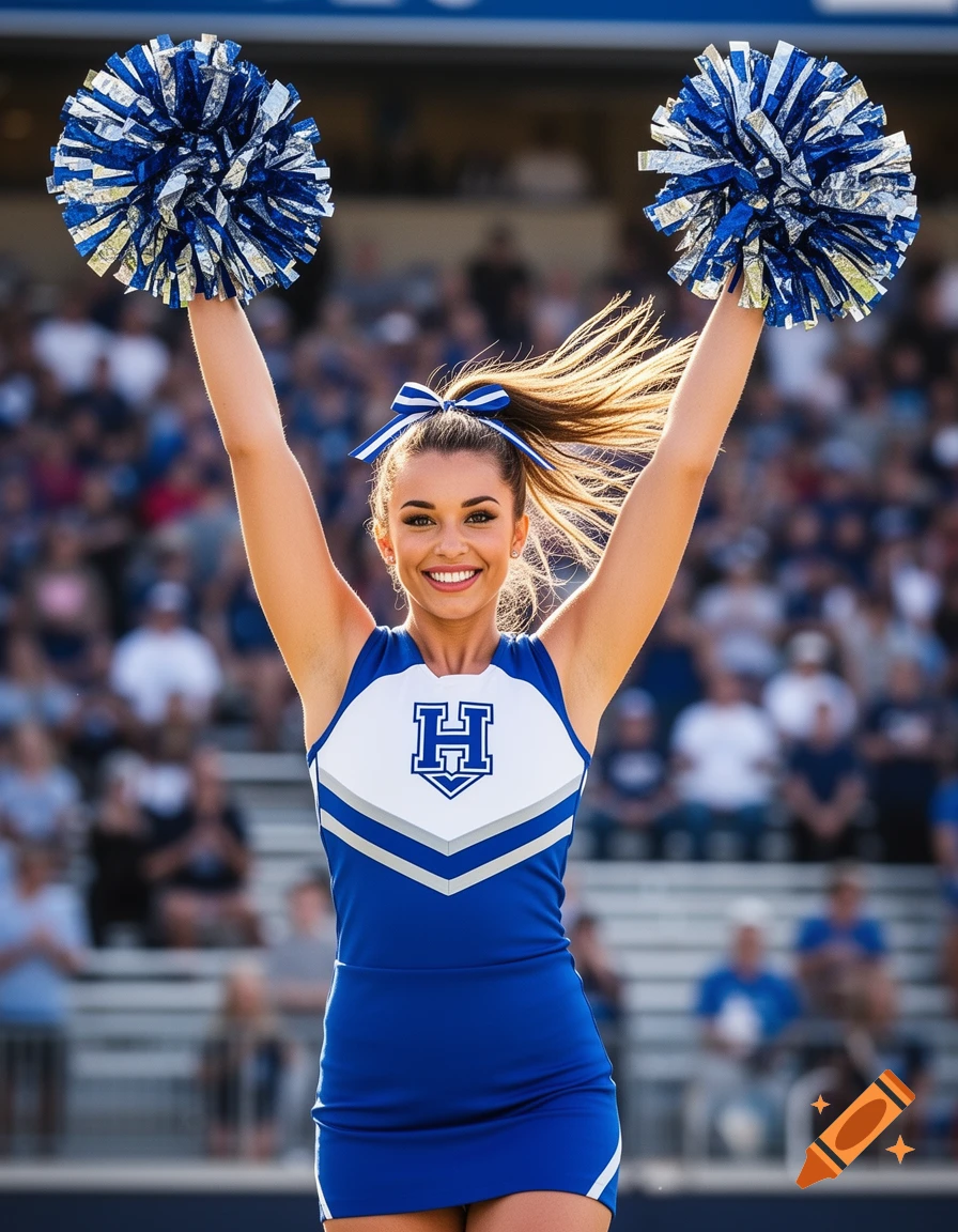 A smiling cheerleader in a blue and white uniform with an 'H' logo, holding pom-poms high at a stadium.