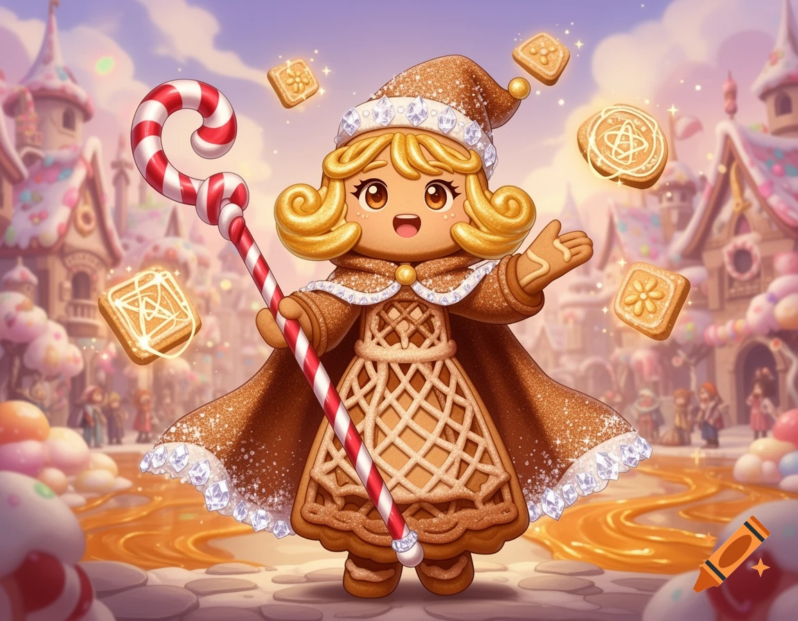A cheerful gingerbread character, reminiscent of Cookie Run Kingdom, holding a candy cane staff in a whimsical candy land with floating cookies.