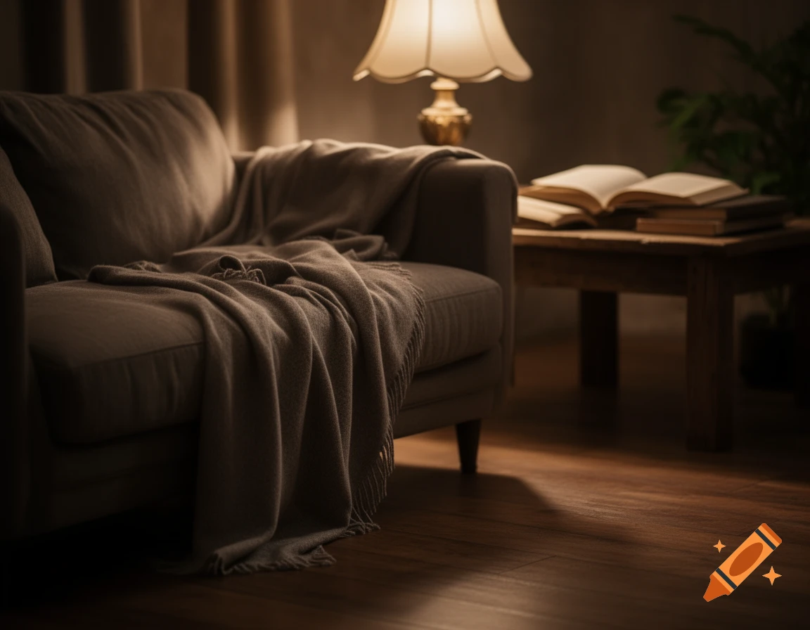 A dimly lit, cozy living room scene with a couch, draped blanket, glowing lamp, and open books on a wooden table.