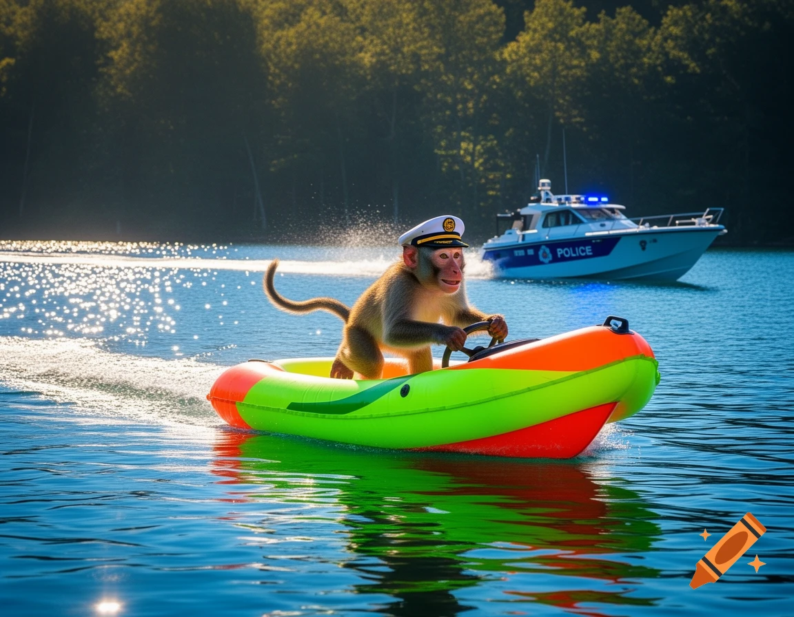 A monkey in a captain's hat drives a colorful inflatable boat, being chased by a police boat on a sunny lake.