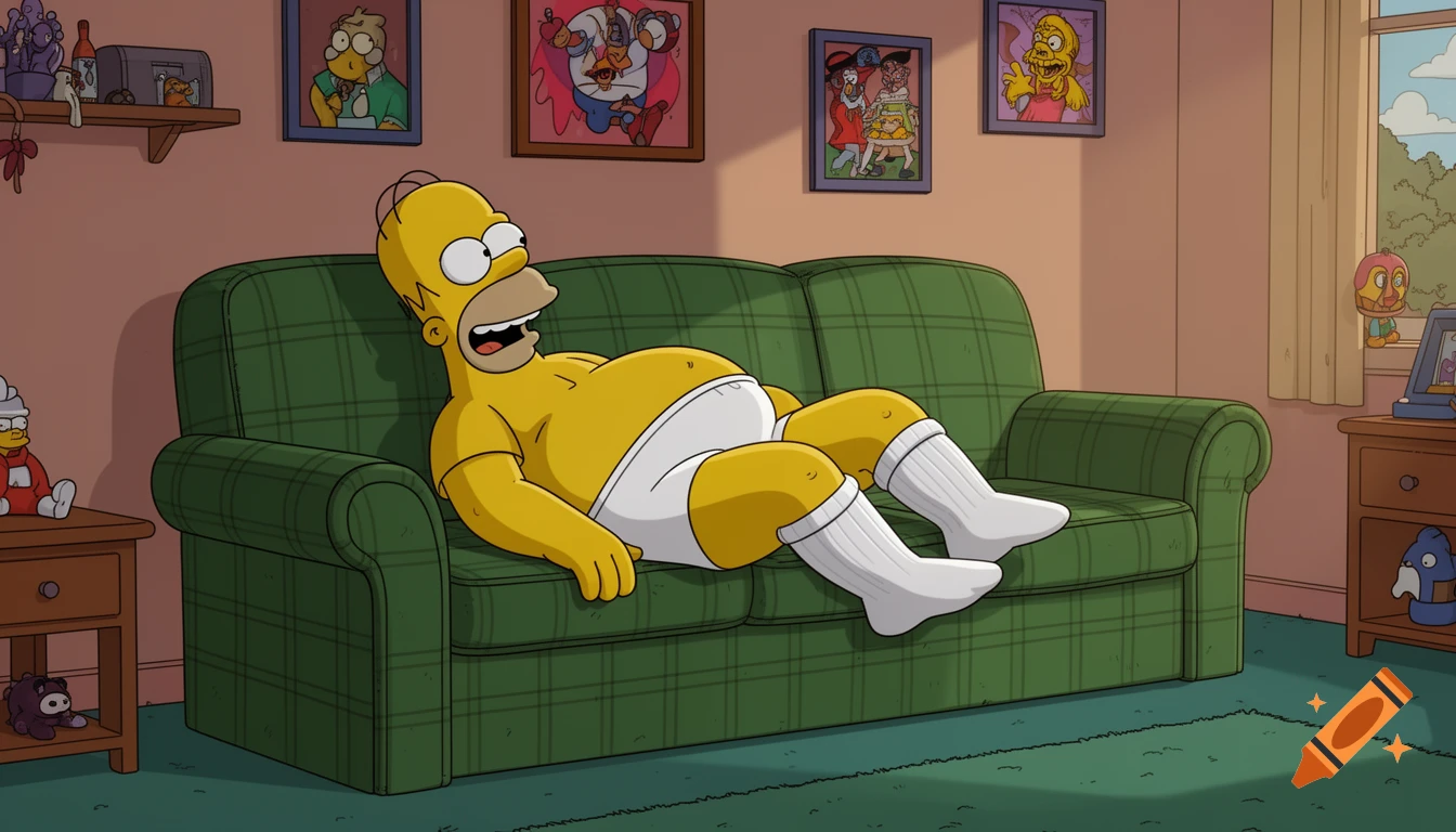 Homer Simpson lies on a green plaid couch in his living room, wearing white underwear and socks, in a cartoon style.