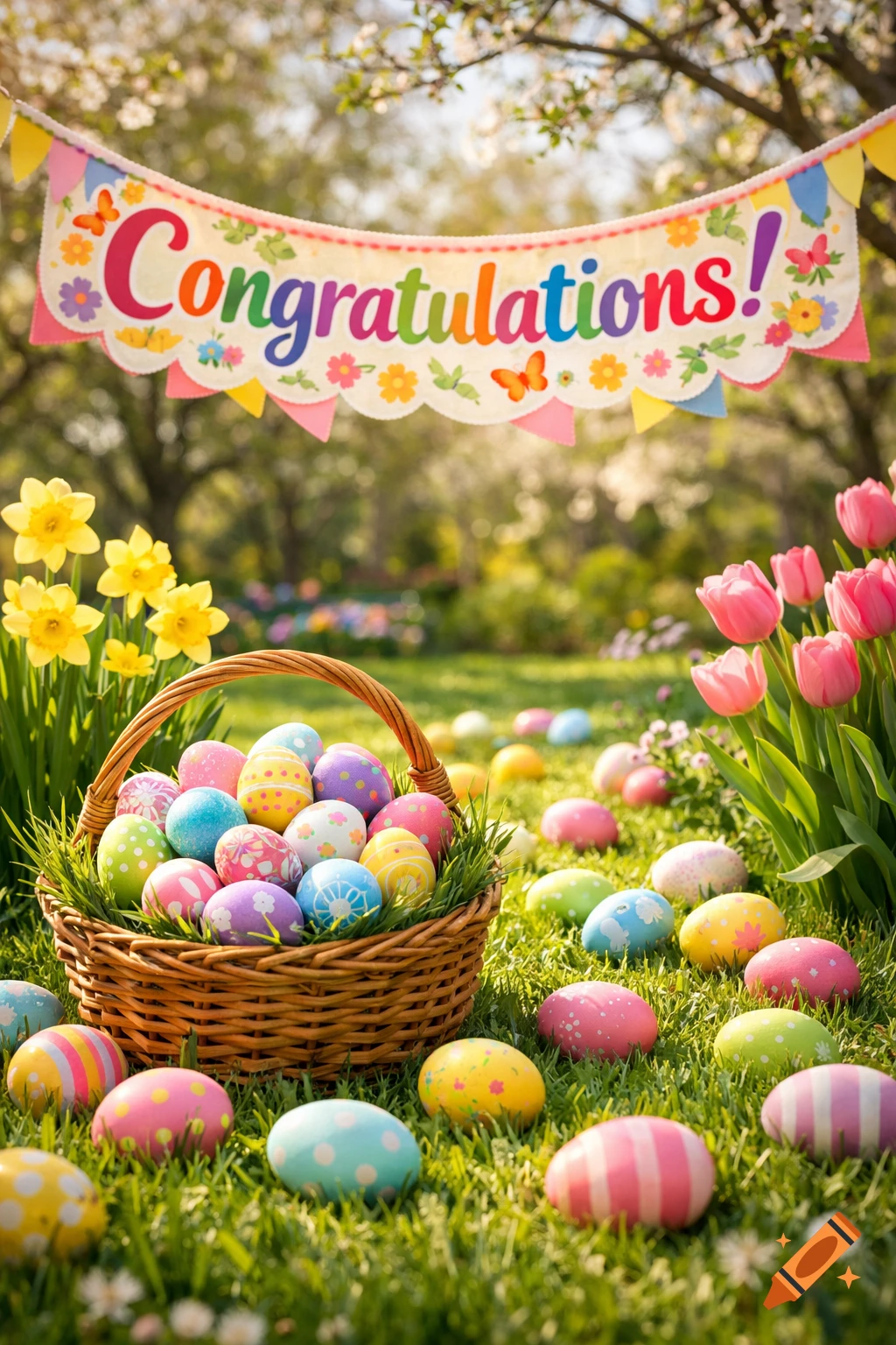 Colorful Easter eggs fill a basket and scatter across a sunny spring garden with daffodils, tulips, and a 'Congratulations!' banner.