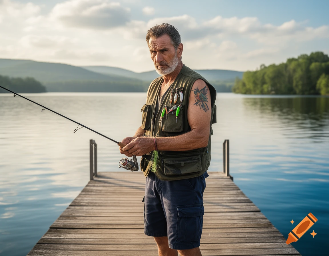Stern-faced older man with a beard and bird tattoo, wearing a fishing vest, stands on a dock holding a rod, lake and hills behind him.