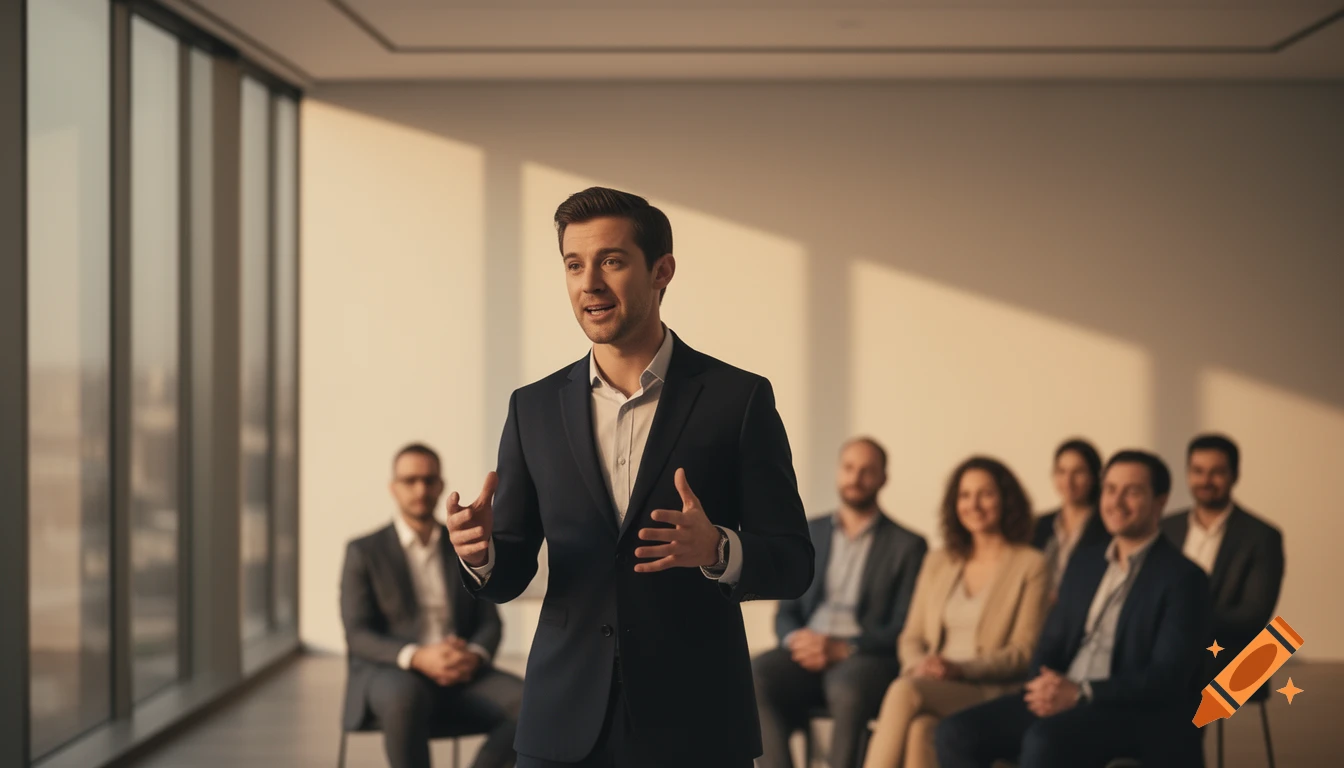 A confident entrepreneur gestures while speaking in a modern pitch room to a panel of investors, with warm cinematic lighting.
