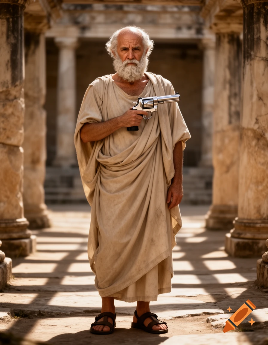 An old man with a long white beard and a toga stands in ancient ruins, holding a modern silver revolver.