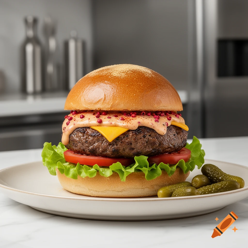 Photorealistic beef burger with cheese, lettuce, tomato, pink sauce, and pickles on a plate.