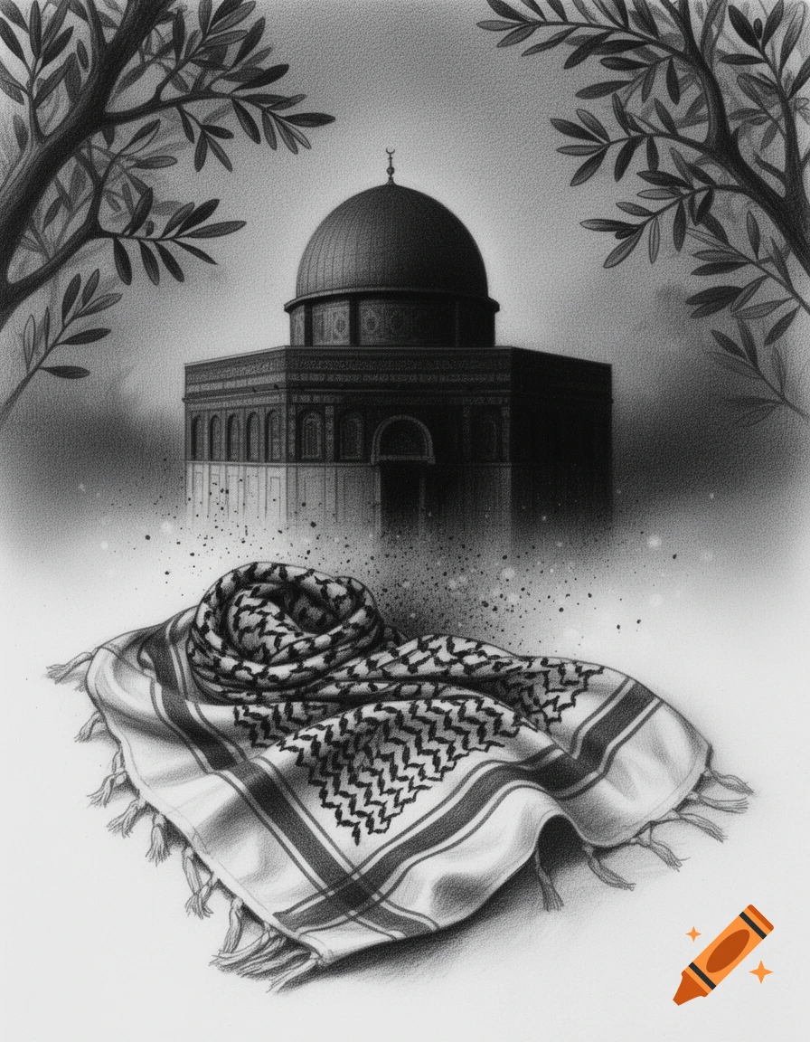 A charcoal drawing of a keffiyeh dissolving into particles, with Al-Aqsa Mosque and olive branches in the background.
