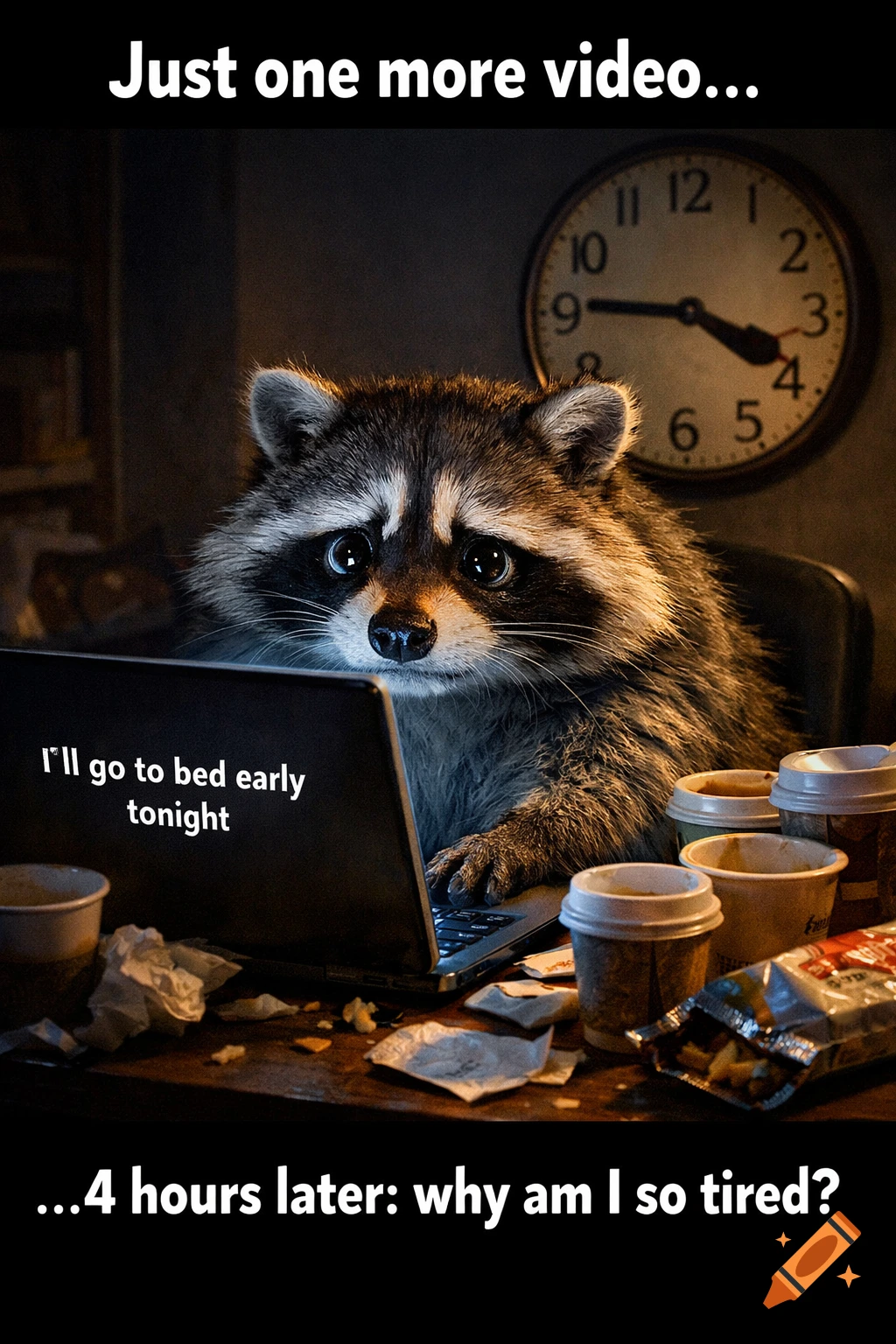 A photorealistic raccoon with large sad eyes sits at a laptop on a messy desk late at night, forming a meme.
