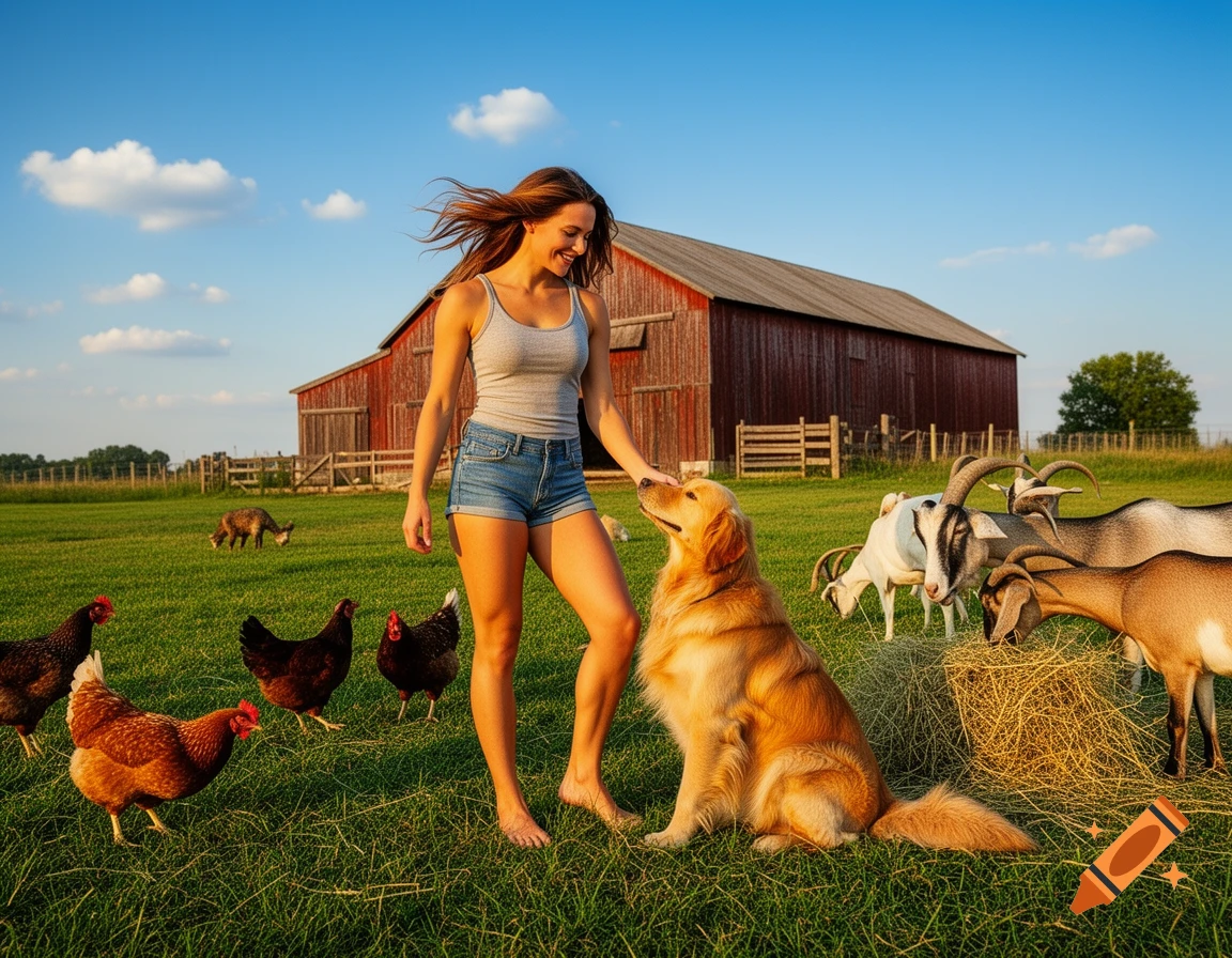 A woman pets a golden retriever in a grassy field with chickens, goats, and a red barn under a clear sky.
