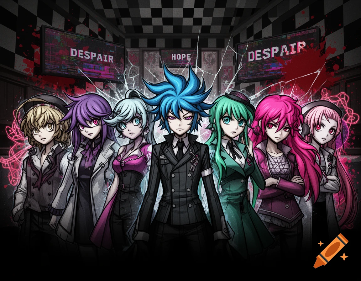 Anime-style illustration of seven characters with colorful hair and dark clothing standing in a grim, checkered room with signs reading 'DESPAIR' and 'HOPE'.