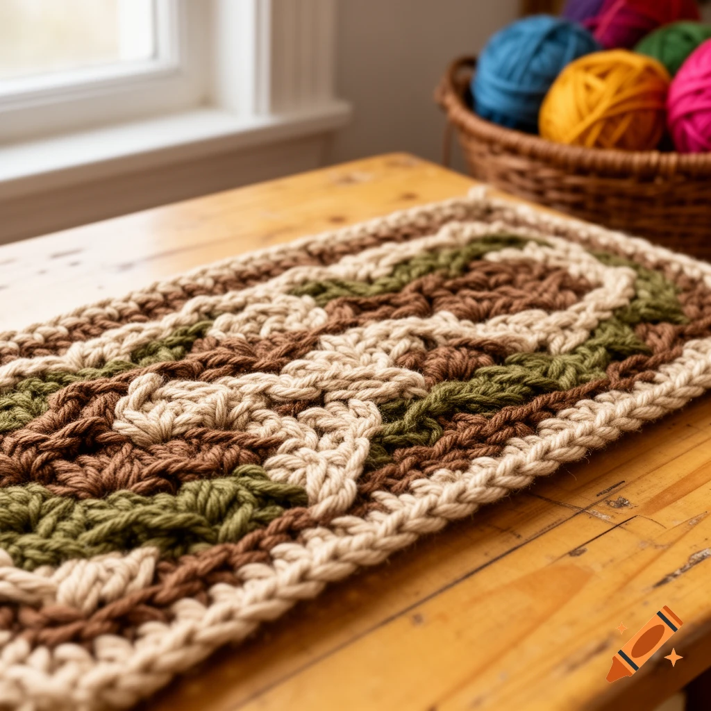 A crocheted rectangular mat with green, brown, and beige yarn on a wooden table, with a basket of colorful yarn in the background.