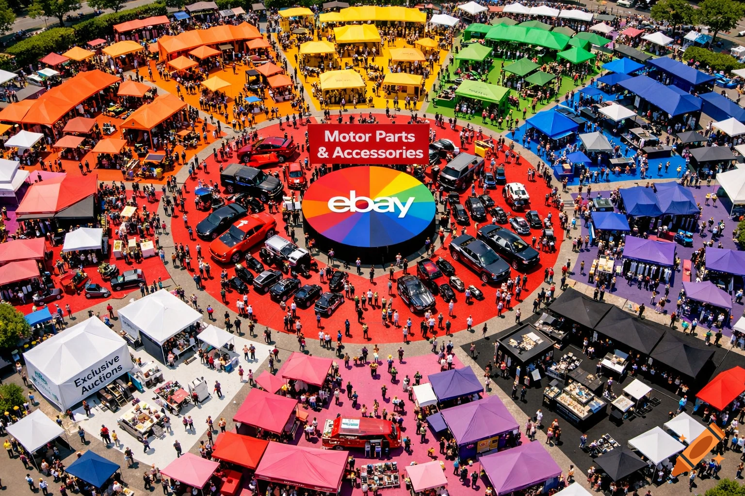 Aerial view of a vibrant, rainbow-themed eBay convention with colored zones for different categories, many people, and vehicles.