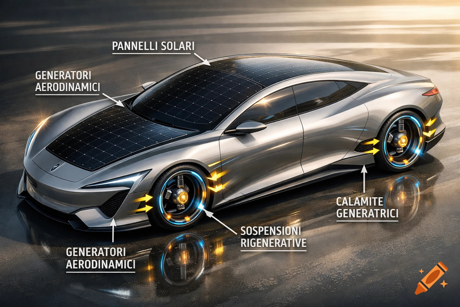 Annotated diagram of a sleek, silver futuristic electric car with solar panels on the roof and hood, highlighting energy recovery systems like aerodynamic generators, regenerative suspensions, and generator magnets.