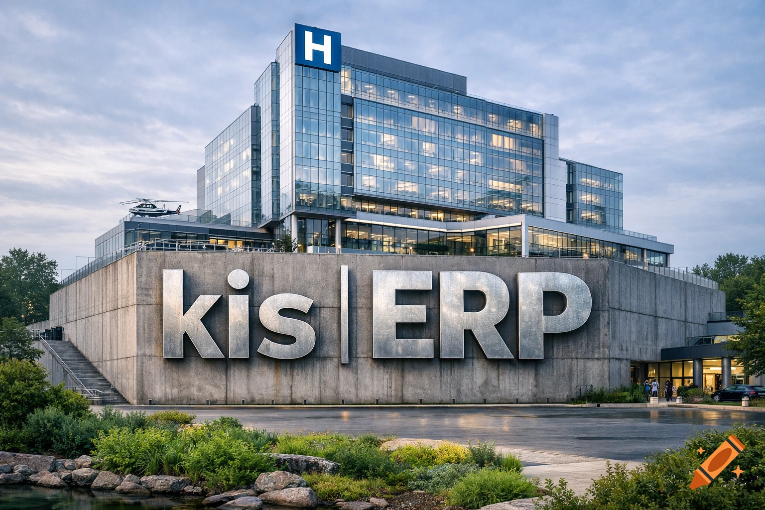 A modern glass hospital building with an 'H' sign, a concrete base displaying 'kis | ERP', and surrounding greenery.