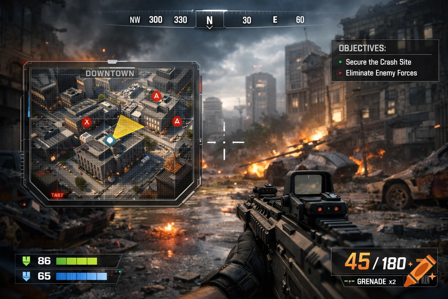 First-person view of an FPS game UI with a weapon, a map of 'Downtown', objectives, and burning city in the background.
