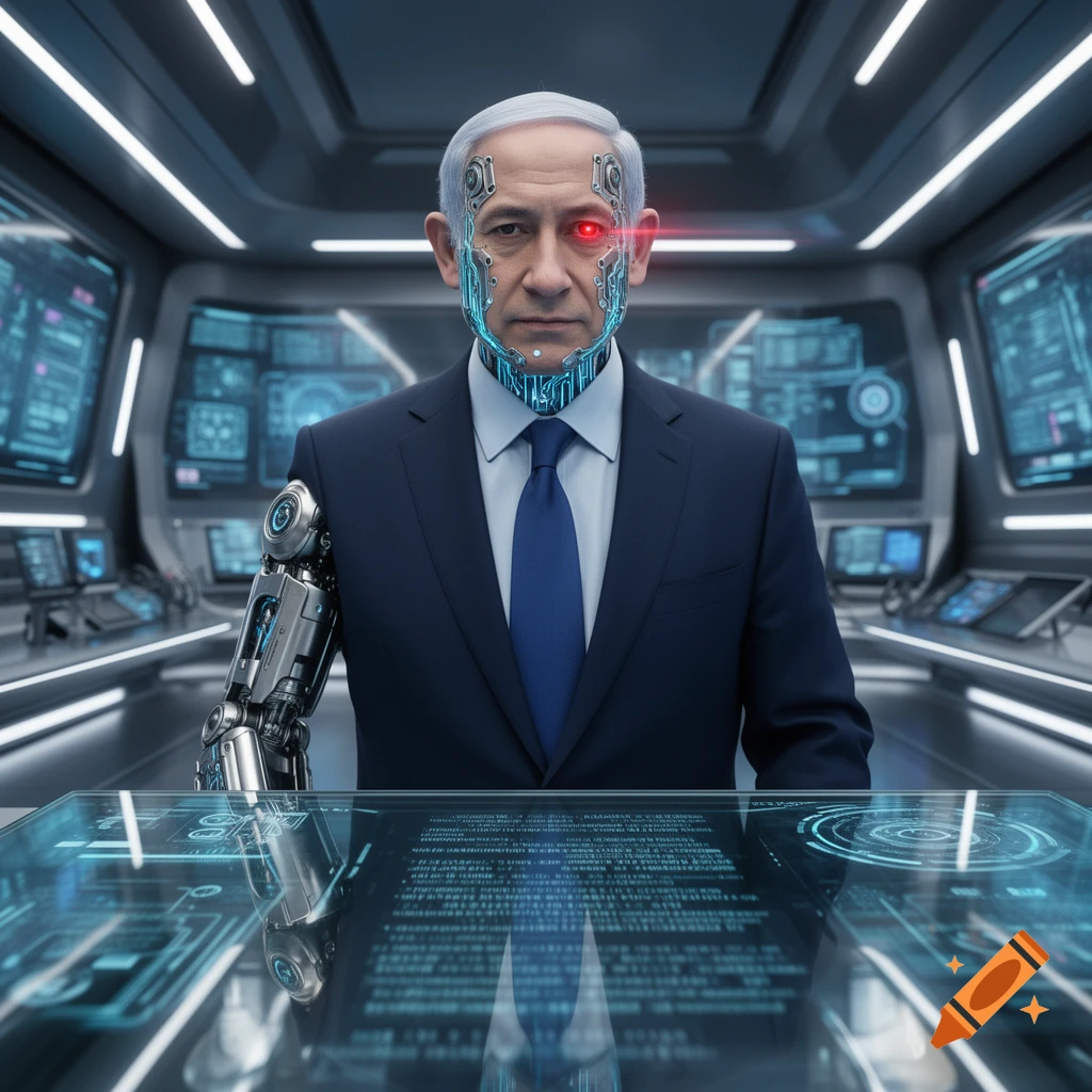 Photorealistic portrait of Benjamin Netanyahu as a cyborg with a glowing red eye, robotic arm, in a futuristic control room.