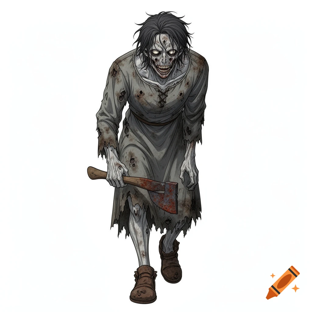 A stylized anime zombie man with rotting skin, dark hair, and glowing eyes, wearing tattered clothes and holding a bloody hatchet.