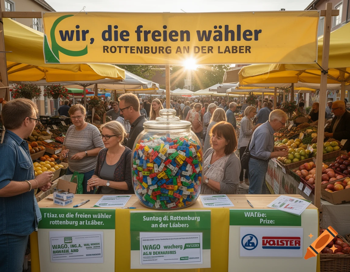 A busy outdoor market with a political stand featuring a yellow banner, a large jar of colorful items, and people interacting.