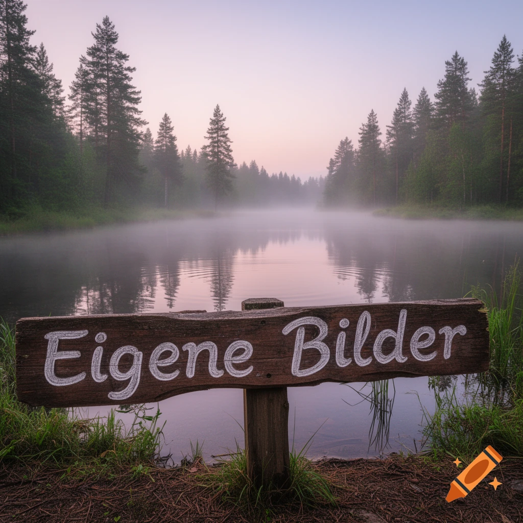 A serene misty lake at dawn, surrounded by dark pine trees, with a wooden sign reading 'Eigene Bilder' in the foreground.