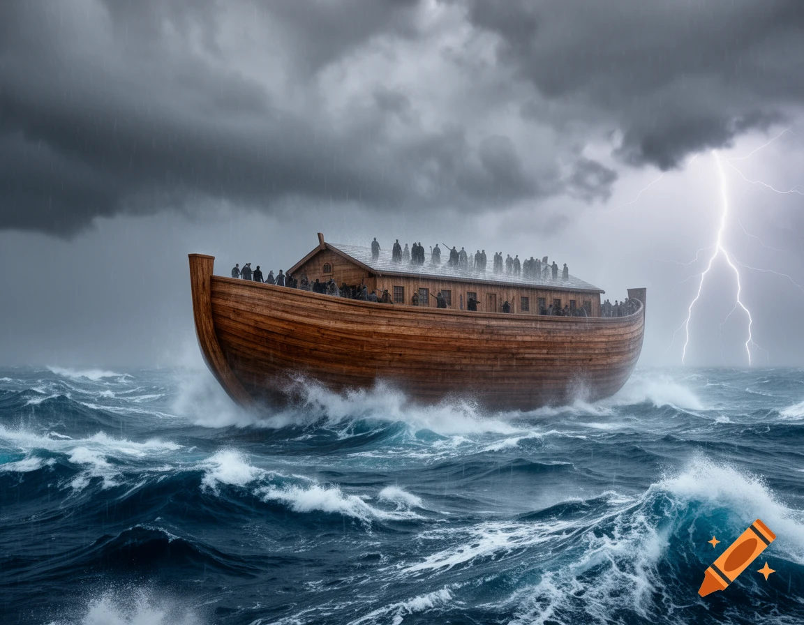 Photorealistic image of Noah's Ark in a stormy sea, with people visible on deck as lightning strikes in the distance.