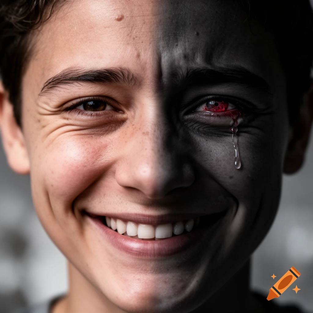 A close-up portrait of a face, half smiling, half crying with a red eye and a tear.
