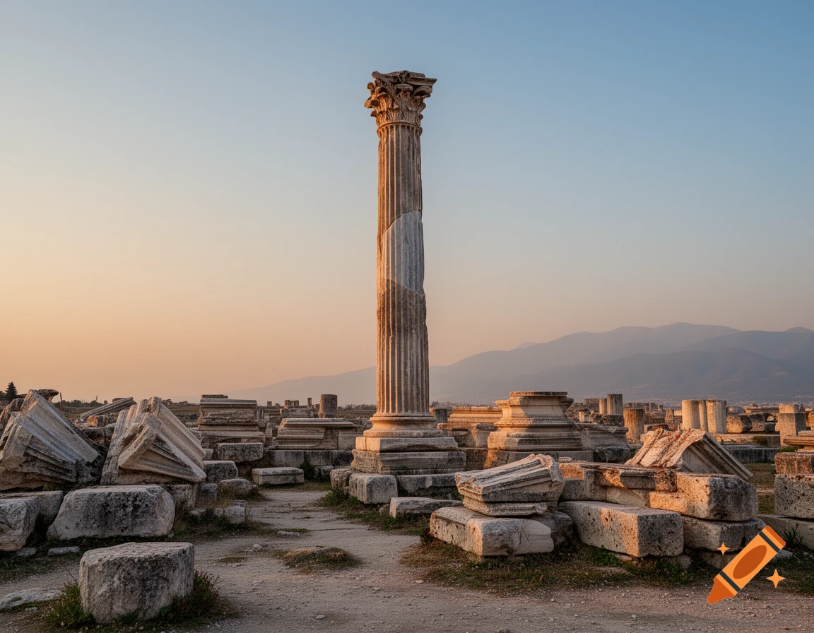 A single Greek column stands tall amidst scattered ancient ruins under a sunset sky, with mountains in the background.