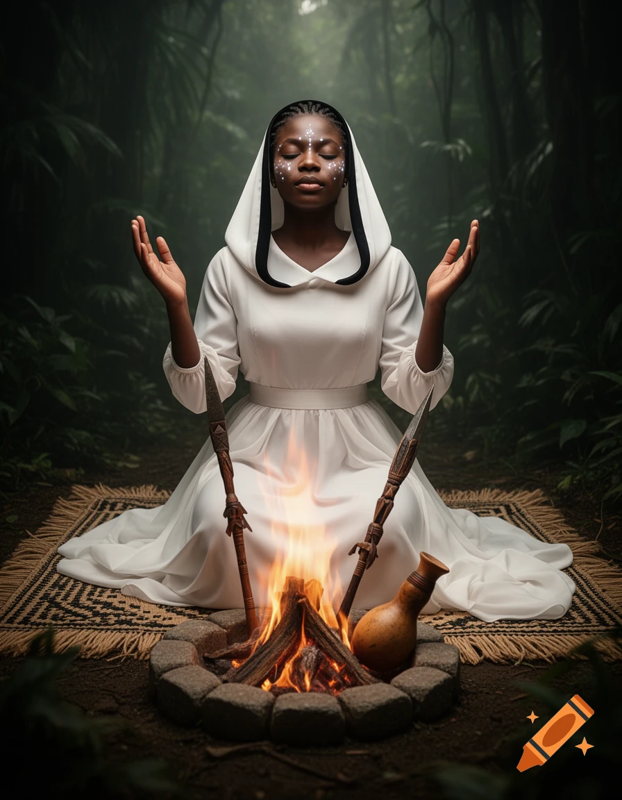A dark-skinned woman in a white hooded dress meditates with raised hands before a campfire with spears and a gourd on a patterned mat in a misty jungle.
