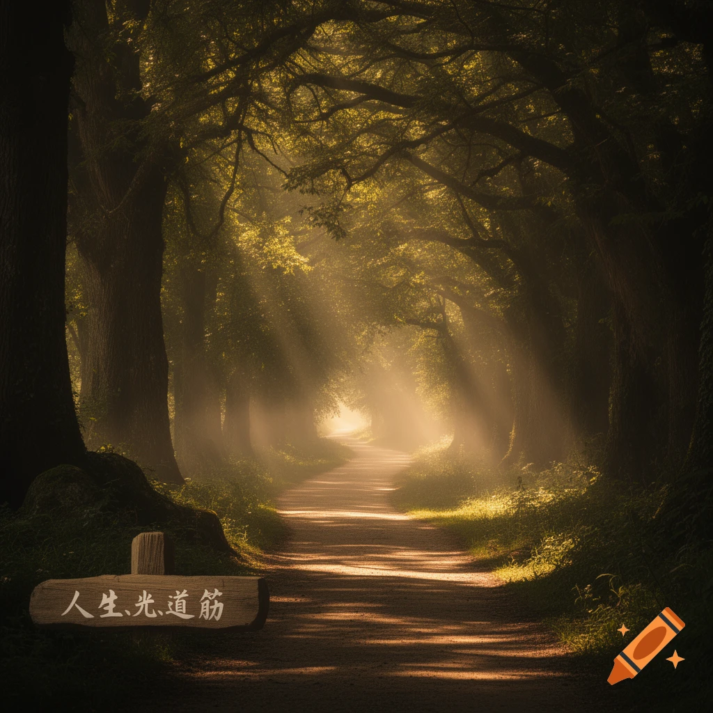 A sun-dappled forest path with a wooden sign on the left bearing Chinese text.