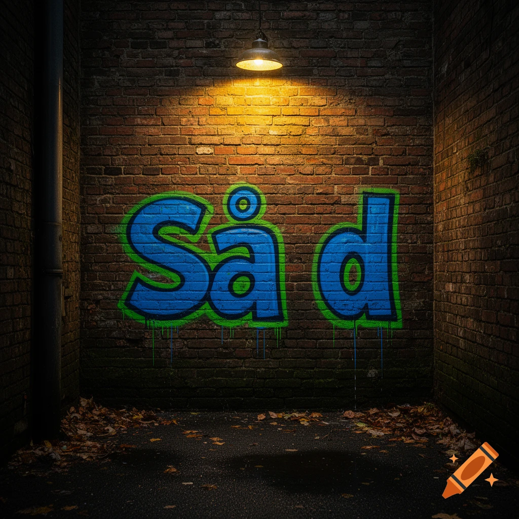 A dark alleyway with a brick wall, illuminated by a single lamp, featuring blue and green graffiti spelling "Så d".