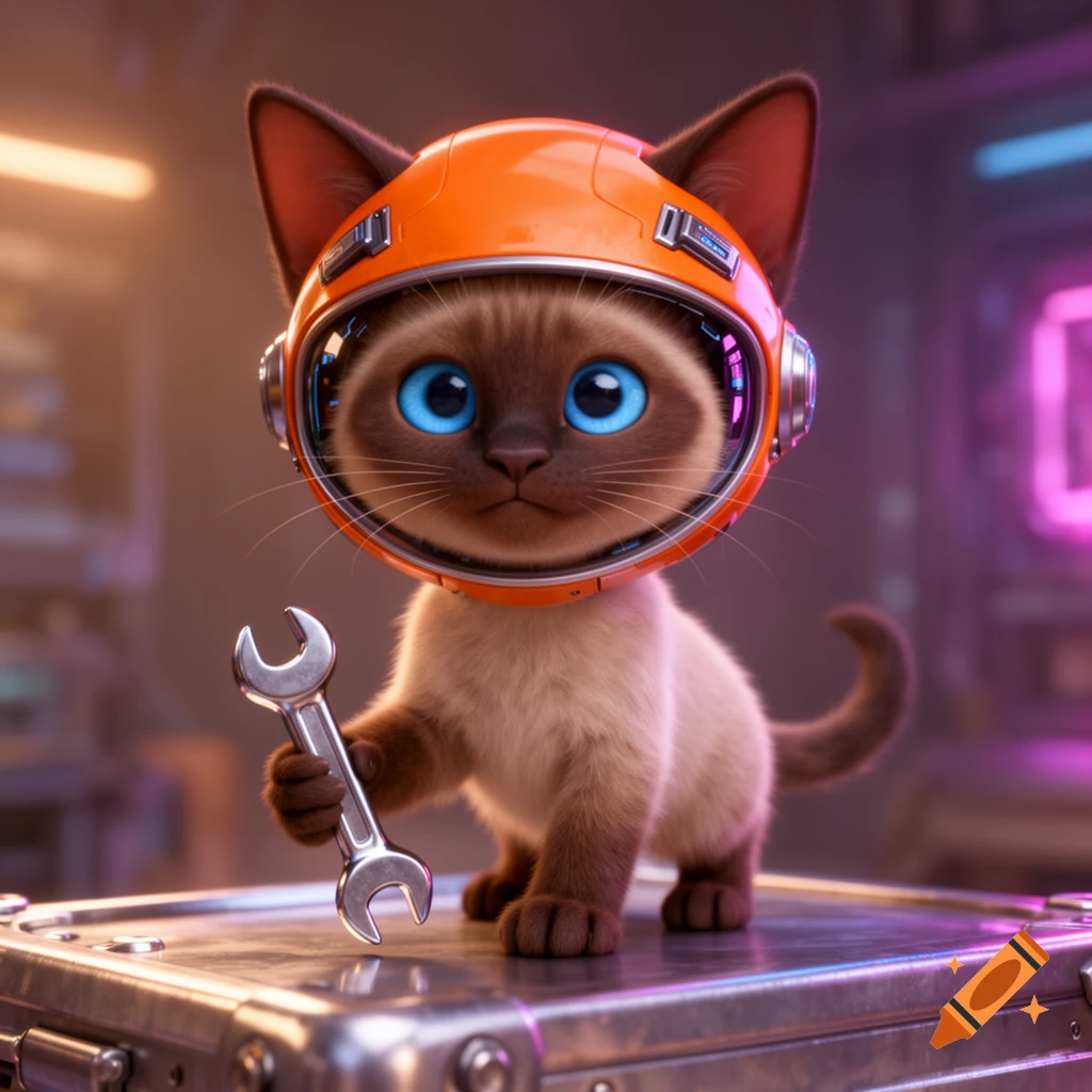 A cute 3D Pixar-style Siamese kitten wearing an orange astronaut helmet and holding a wrench in a futuristic setting.