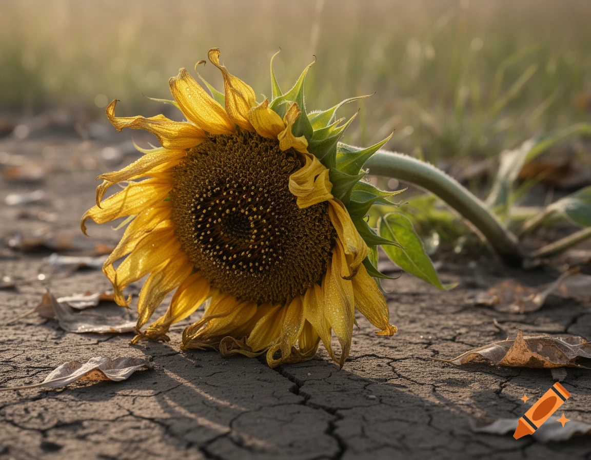 A drooping sunflower with dew drops on cracked dry earth, with a blurred green background, in golden hour light.