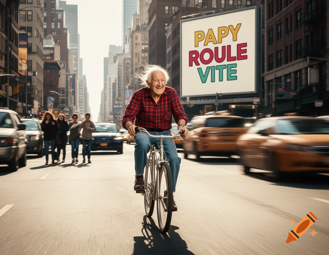 A smiling elderly man with white hair rides a bicycle down a bustling city street, featuring a large billboard and blurred cars.