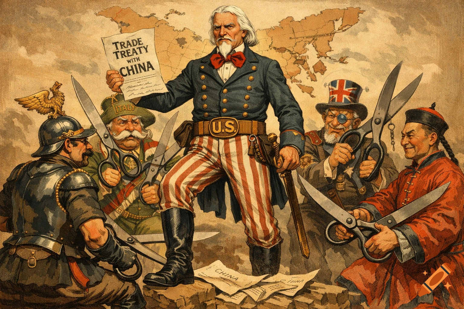 A vintage political cartoon shows Uncle Sam holding a 'Trade Treaty with China' document, surrounded by British, Italian, and Chinese figures holding large scissors, with a map of Asia in the background.