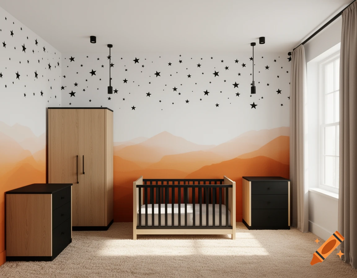 A modern boy's bedroom with white walls, black stars, an orange mountain gradient, a light wood and black crib, wardrobe, and drawers, on a beige carpet. Photorealistic.