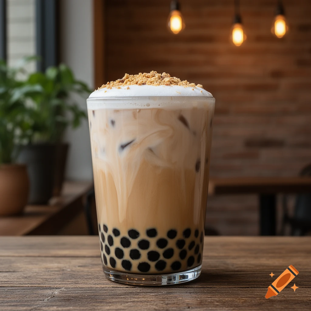 A tall glass of photorealistic bubble tea with milky layers, ice, black tapioca pearls, white foam, and crumbly toppings, on a wooden table.