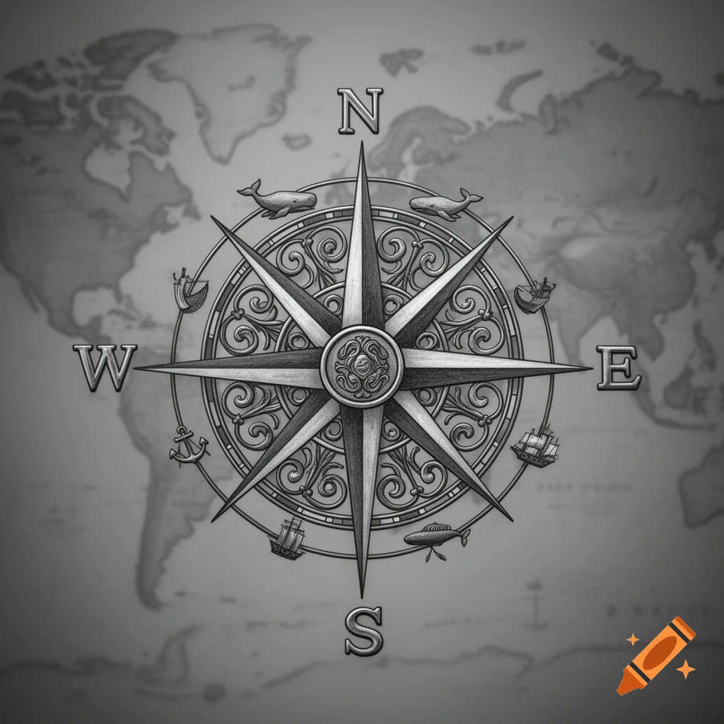 Detailed grayscale compass rose with N, E, S, W directions and nautical motifs, overlaid on a world map.