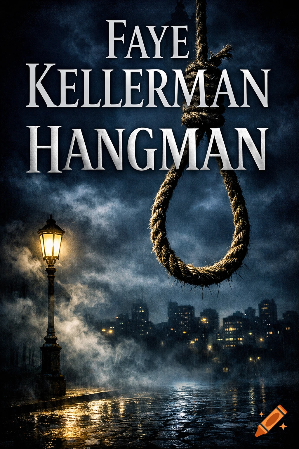 Dark book cover for 'Faye Kellerman Hangman' with a large noose, a glowing lamppost, and a wet city street reflecting lights at night.