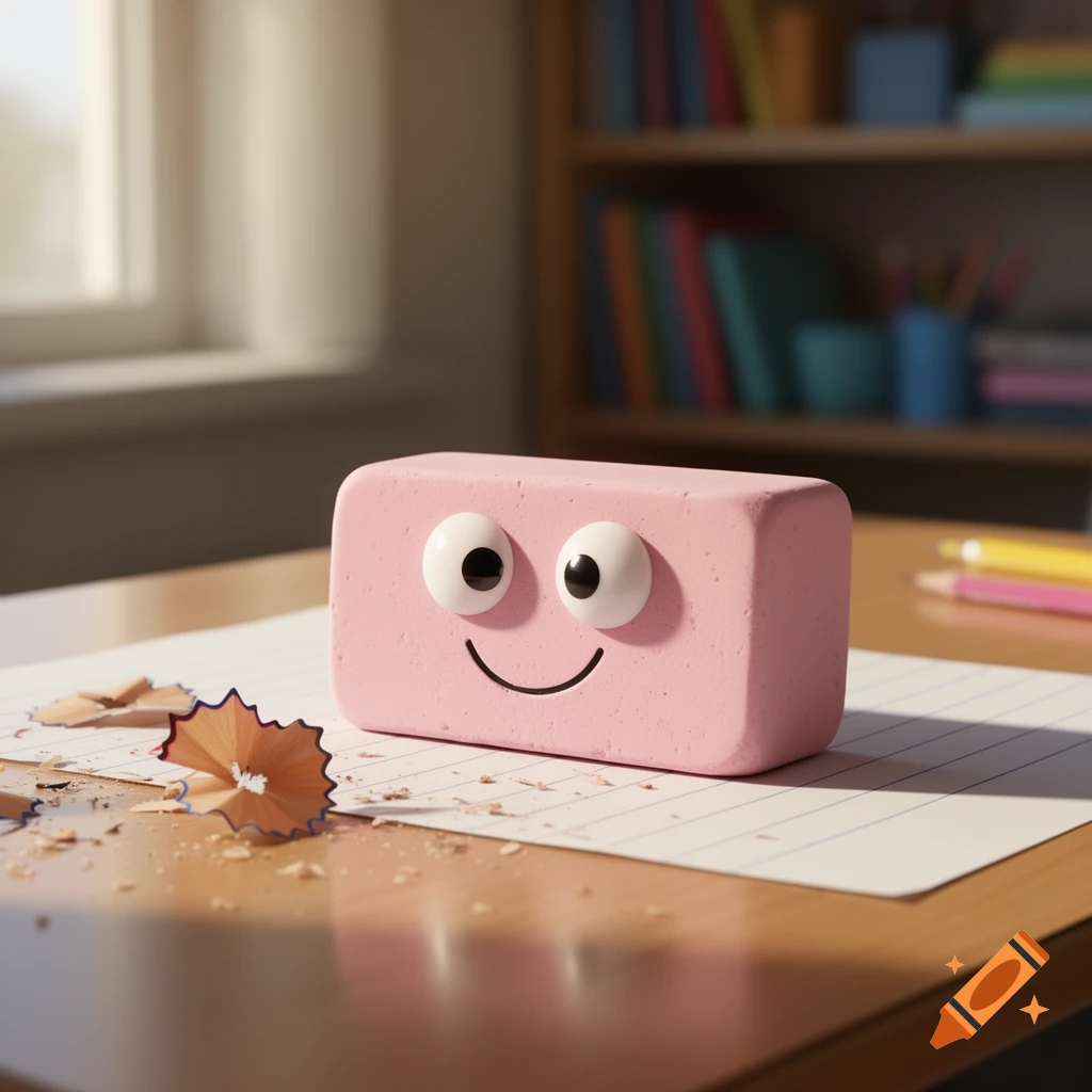 A smiling pink eraser with googly eyes sits on lined paper with pencil shavings on a wooden desk, blurred school supplies in background.