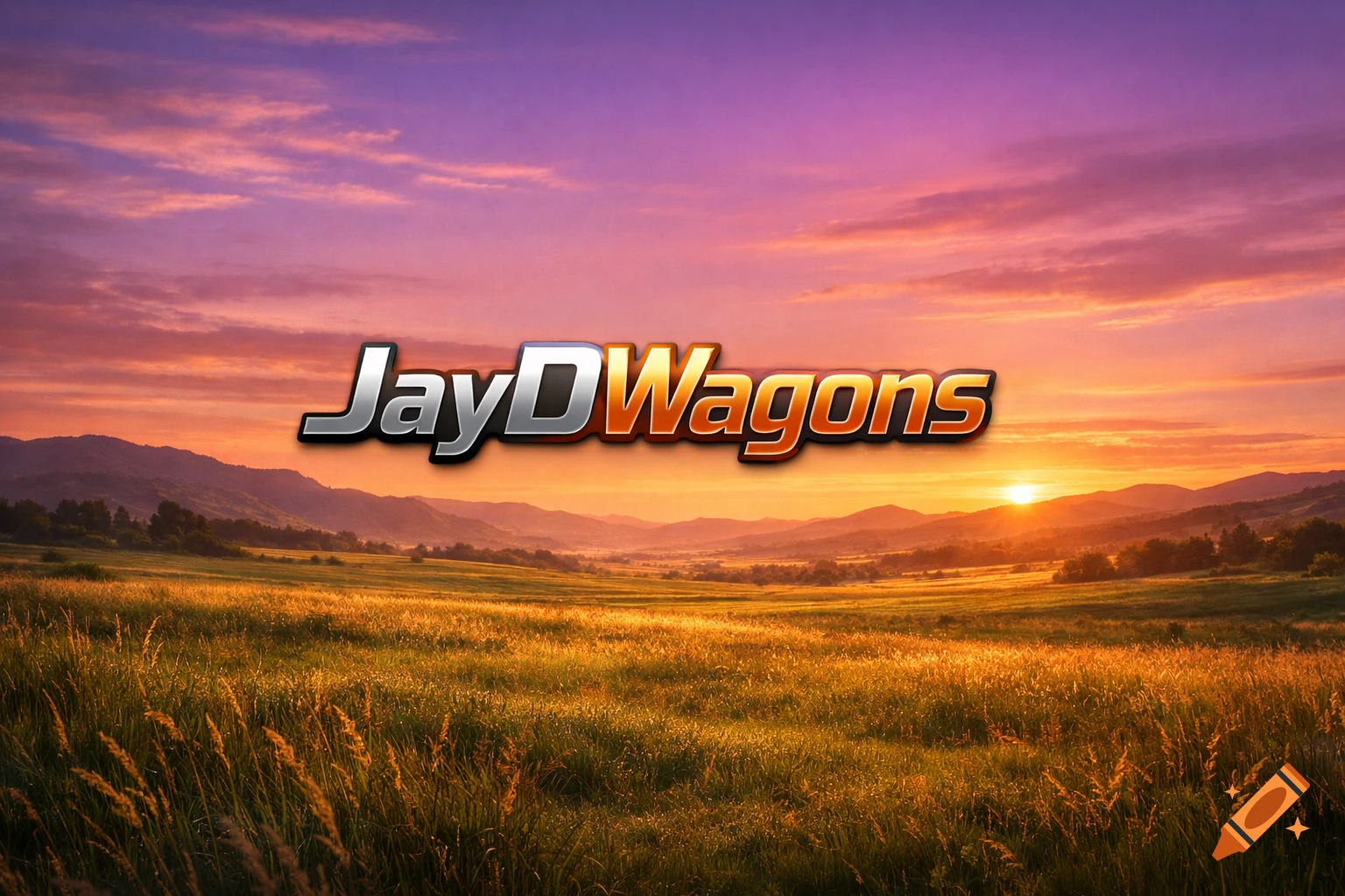A vibrant sunset over a golden field and distant mountains, with shiny metallic text 'JayDWagons' floating in the colorful sky.
