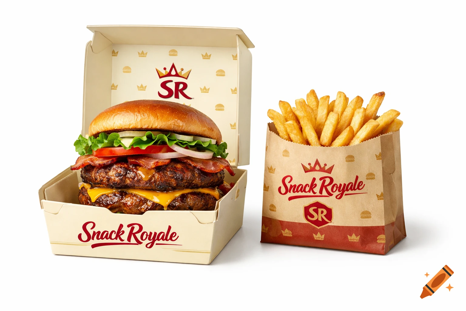 Hyper-realistic commercial food photo of a double bacon cheeseburger in an open Snack Royale box and a bag of fries on white.