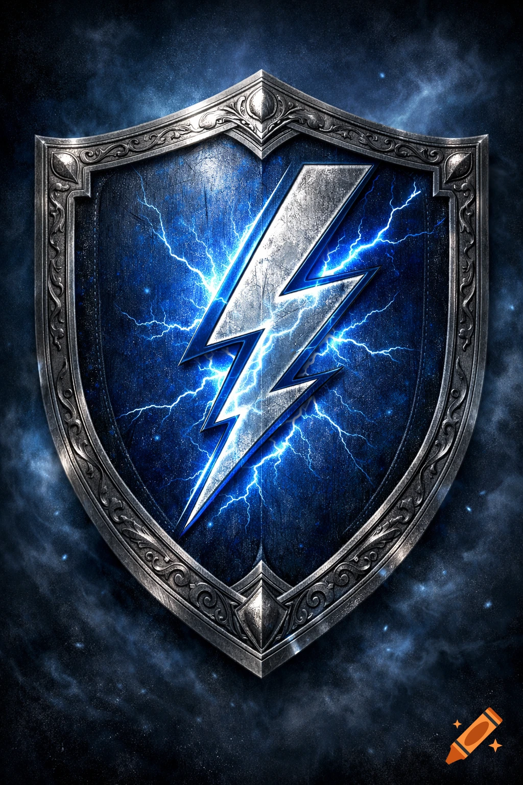 An ornate metallic shield with a silver lightning bolt and blue electrical energy at its center, against a dark, cloudy background.